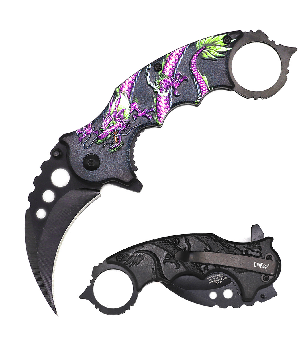 Karambit Tactical Spring Assist KNIFE With Finger Ring - Purple Dragon