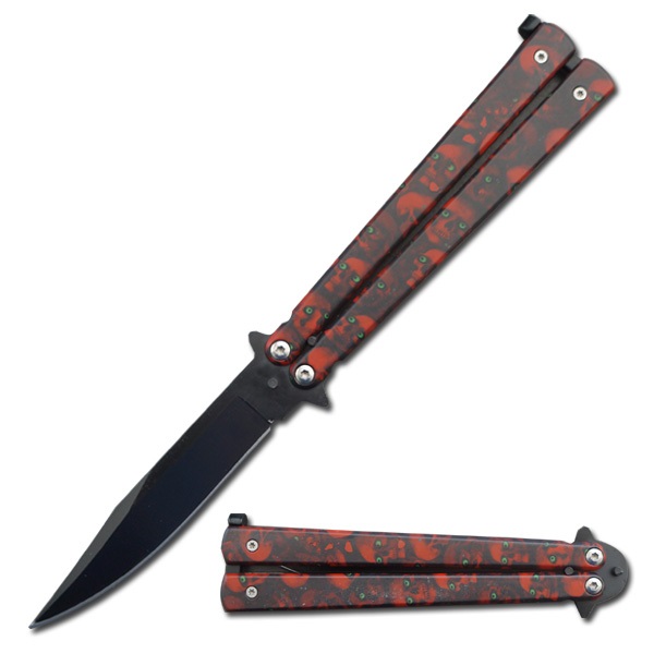 ''5'''' Closed Stainless Steel Butterfly KNIFE - Red Skulls''