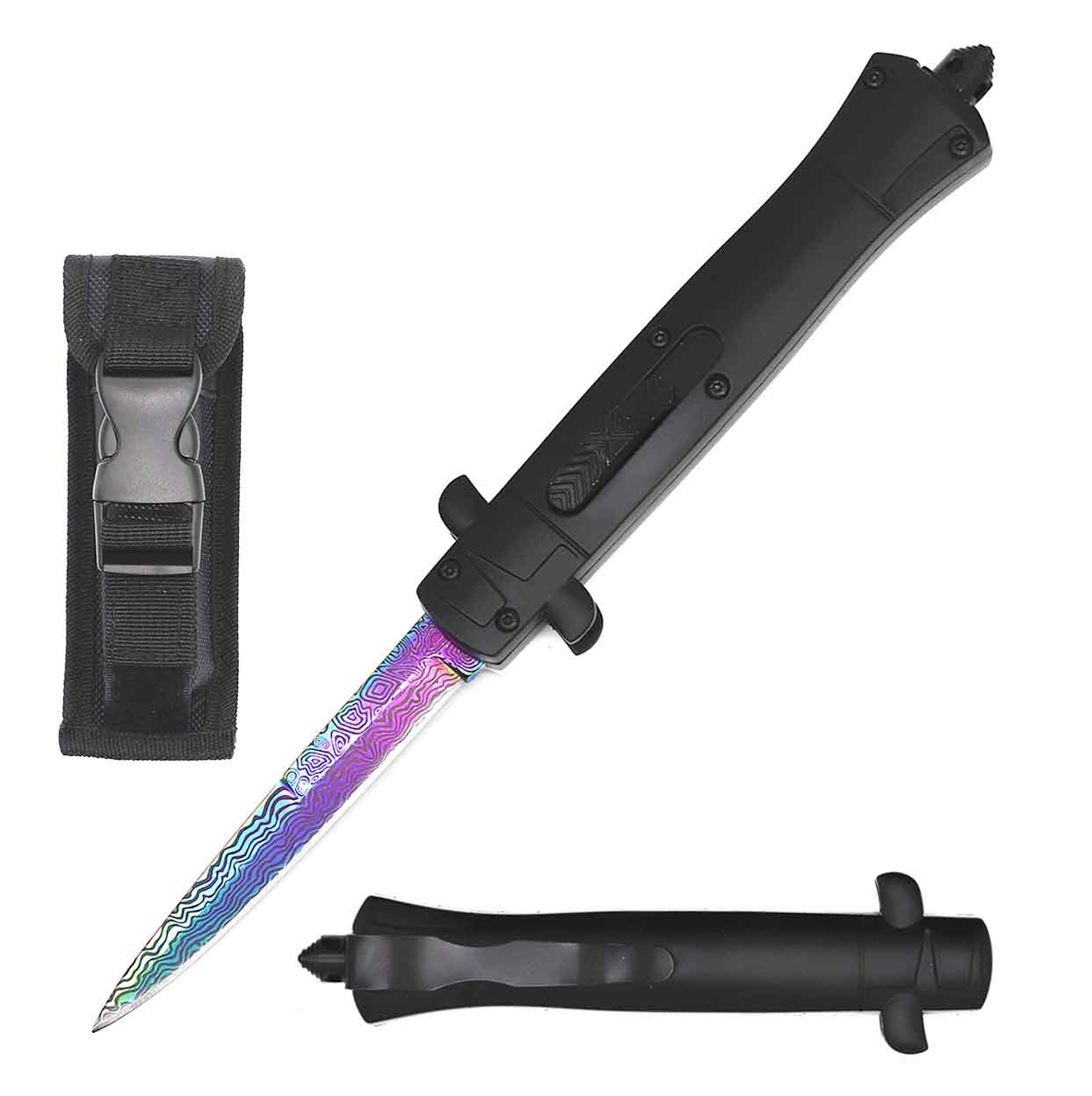 ''9'''' Italian Stiletto Style OTF KNIFE Rainbow Damascus Etched Blade''