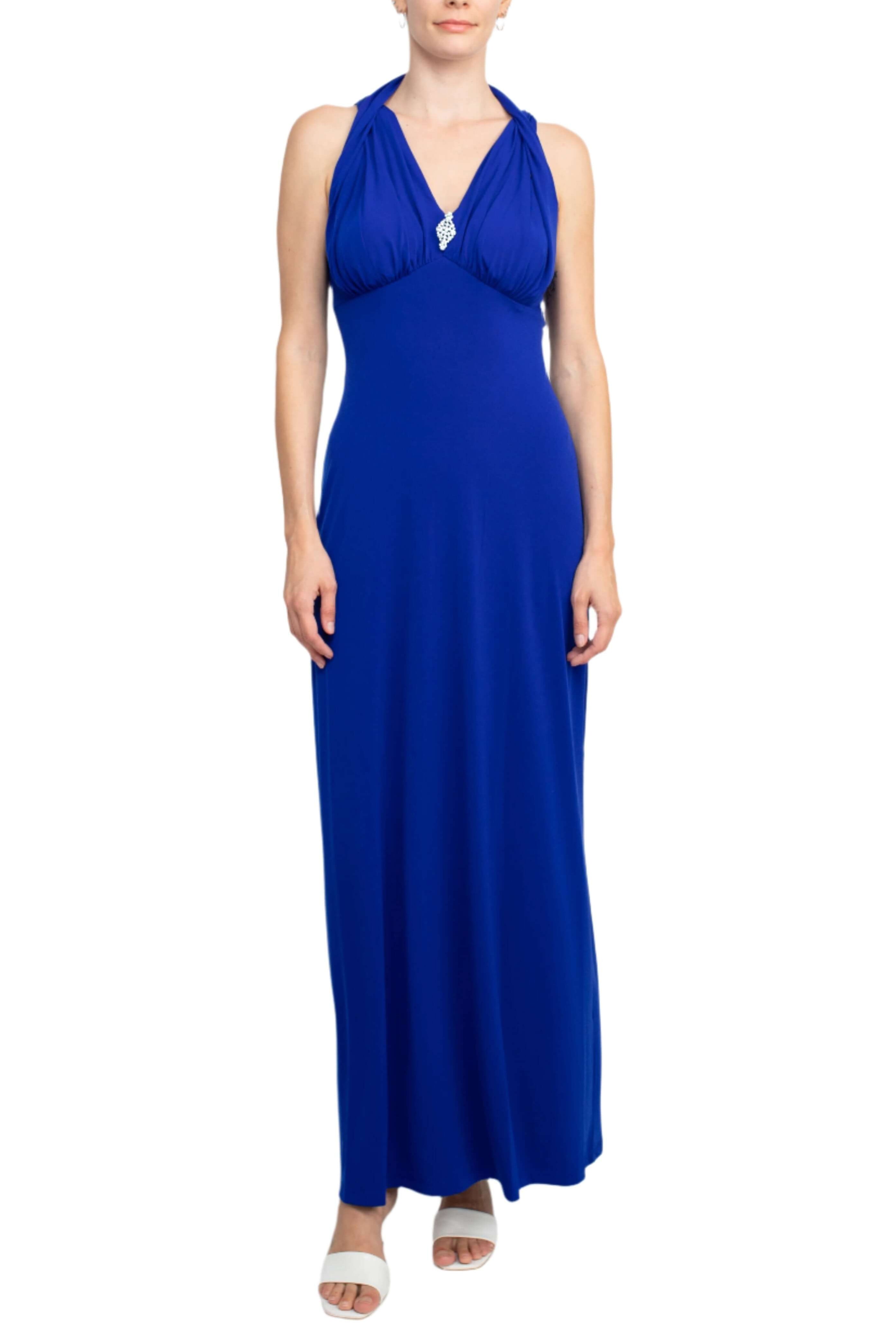 Connected Apparel Crossed Neck Sleeveless JEWELRY Front Detail Ruched Empire Waist Solid Jersey Dres